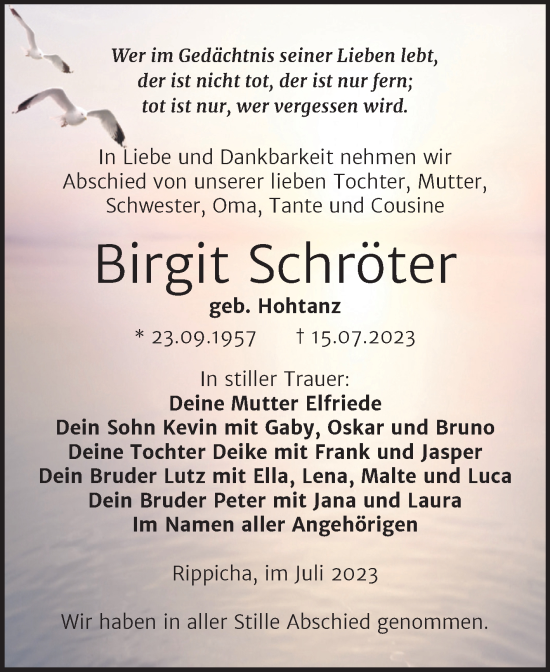 Traueranzeige von Birgit Schröter von Trauerkombi Zeitz