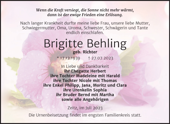 Traueranzeige von Brigitte Behling von Trauerkombi Zeitz