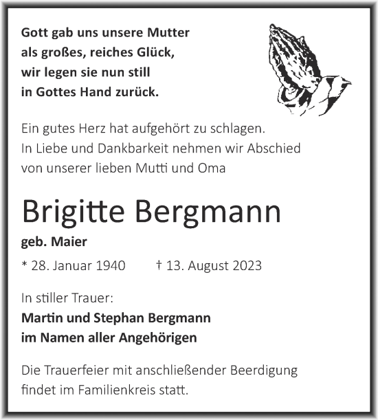 Traueranzeige von Brigitte Bergmann von Mitteldeutsche Zeitung Aschersleben