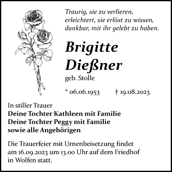 Traueranzeige von Brigitte Dießner von Trauerkombi Bitterfeld