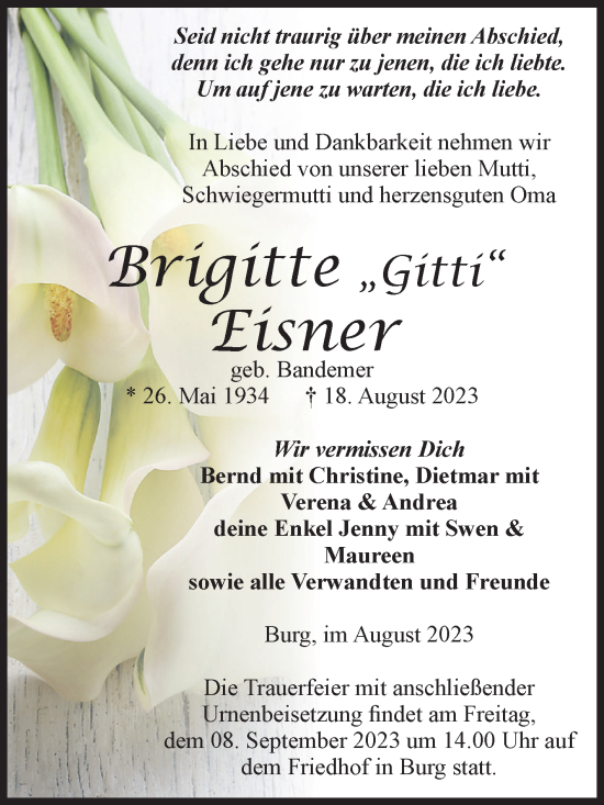 Traueranzeige von Brigitte Eisner von Volksstimme Burg/Genthin