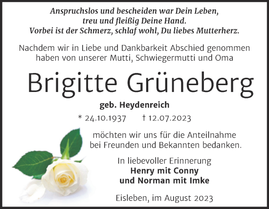 Traueranzeige von Brigitte Grüneberg von Trauerkombi Mansfelder Land