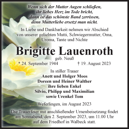 Traueranzeige von Brigitte Lauenroth von Volksstimme Haldensleben/Wolmirstedt