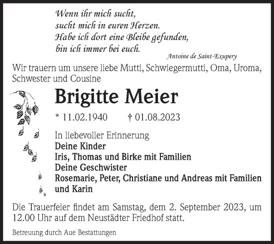 Traueranzeige von Brigitte Meier von Volksstimme Magdeburg