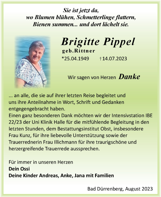 Traueranzeige von Brigitte Pippel von Trauerkombi Merseburg