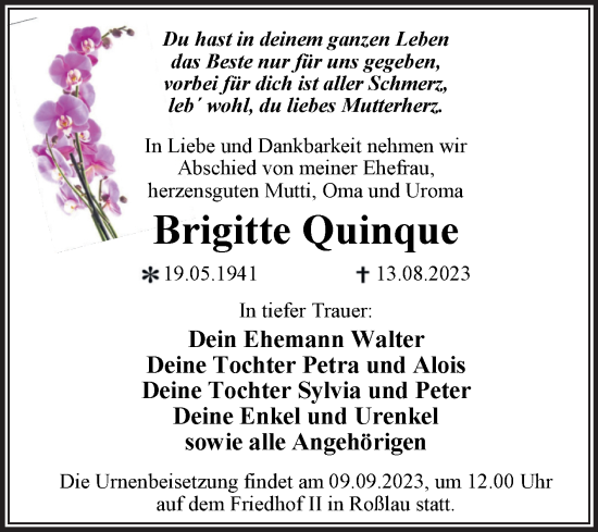 Traueranzeige von Brigitte Quinque von Trauerkombi Dessau