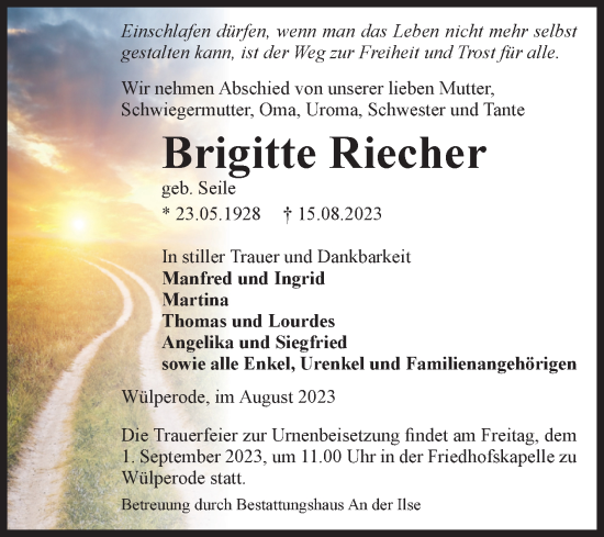 Traueranzeige von Brigitte Riecher von Volksstimme Halberstadt