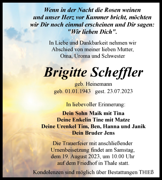 Traueranzeige von Brigitte Scheffler von Trauerkombi Quedlinburg