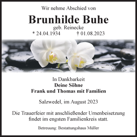 Traueranzeige von Brunhilde Buhe von Volksstimme Altmark West