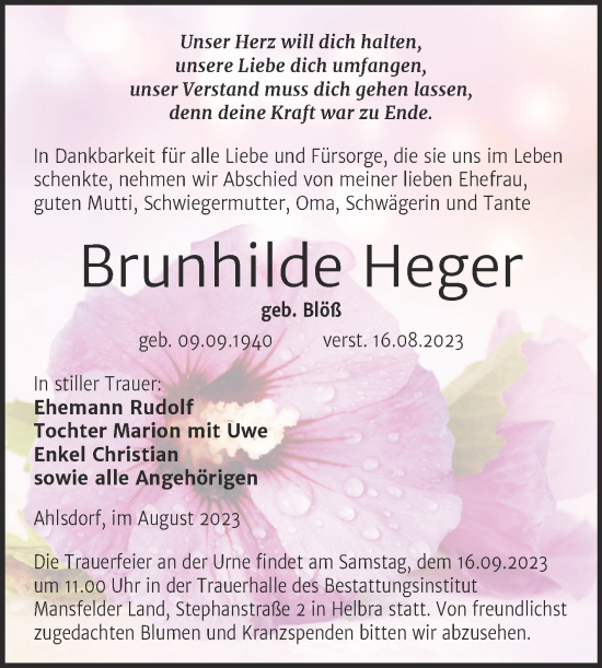 Traueranzeige von Brunhilde Heger von Mitteldeutsche Zeitung Mansfelder Land