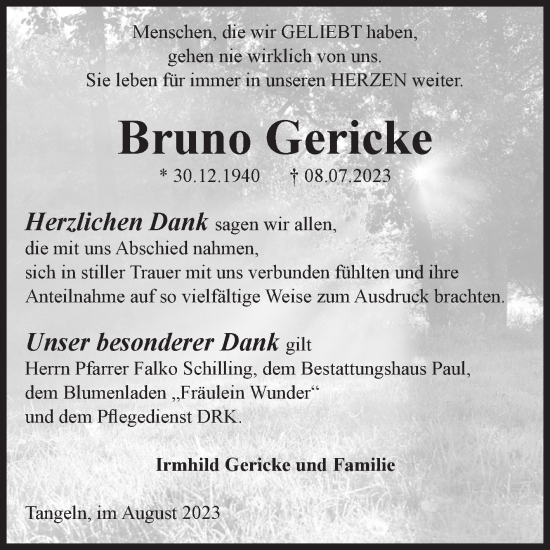 Traueranzeige von Bruno Gericke von Volksstimme Altmark West