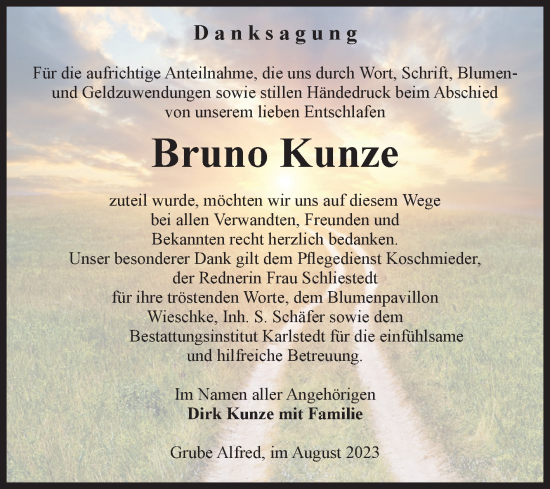 Traueranzeige von Bruno Kunze von Volksstimme Schönebeck