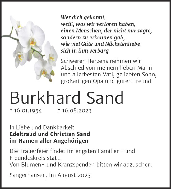 Traueranzeige von Burkhard Sand von Trauerkombi Sangerhausen