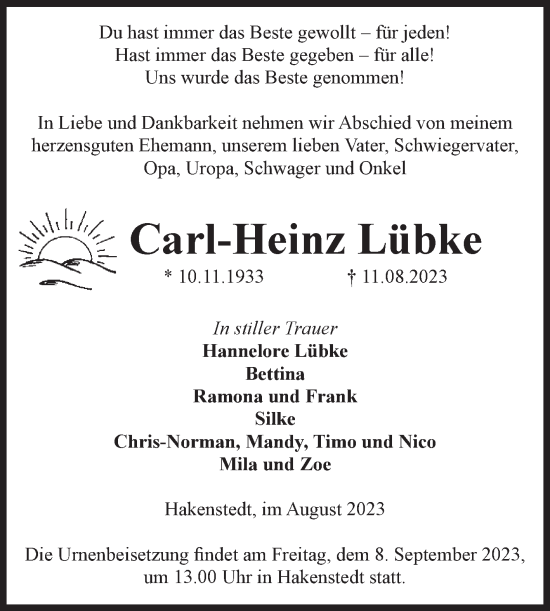 Traueranzeige von Carl-Heinz Lübke von Volksstimme Haldensleben/Wolmirstedt