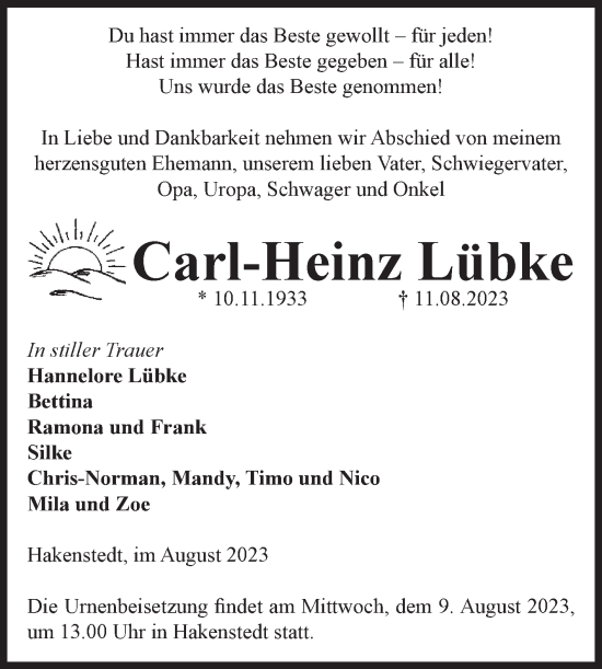 Traueranzeige von Carl-Heinz Lübke von Volksstimme Haldensleben/Wolmirstedt