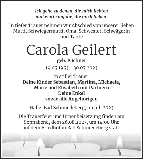 Traueranzeige von Carola Geilert von Trauerkombi Wittenberg