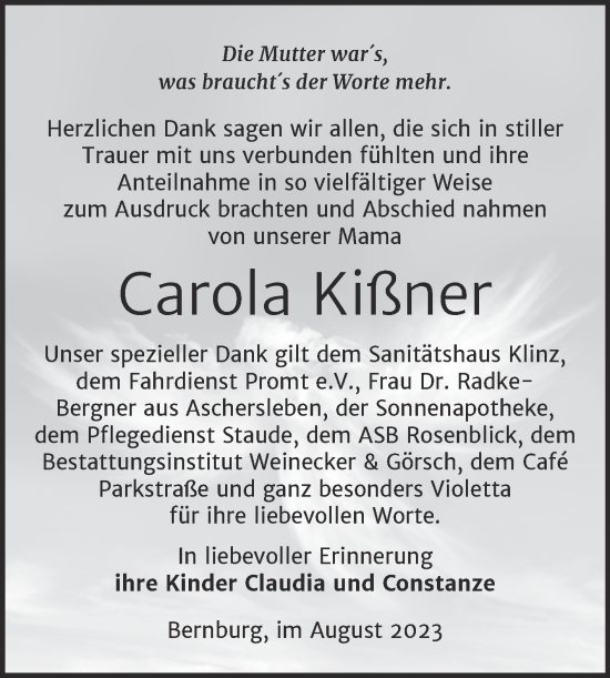 Traueranzeige von Carola Kißner von Trauerkombi Bernburg