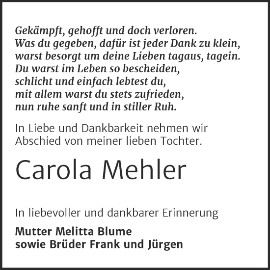 Traueranzeige von Carola Mehler von Trauerkombi Merseburg