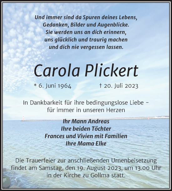 Traueranzeige von Carola Plickert von Mitteldeutsche Zeitung Halle/Saalkreis