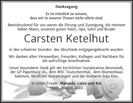 Traueranzeige von Carsten Ketelhut von Mitteldeutsche Zeitung Halle/Saalkreis