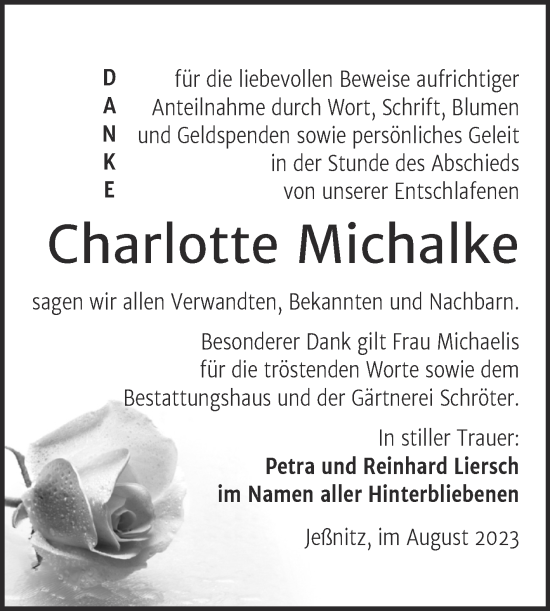 Traueranzeige von Charlotte Michalke von Trauerkombi Bitterfeld