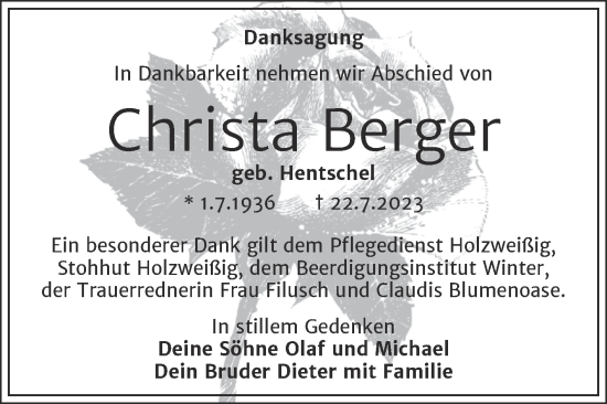 Traueranzeige von Christa Berger von Trauerkombi Bitterfeld