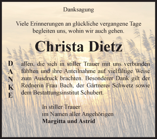 Traueranzeige von Christa Dietz von Volksstimme Haldensleben/Wolmirstedt