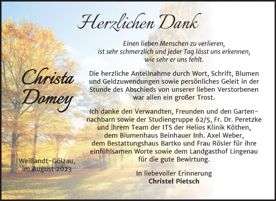 Traueranzeige von Christa Domey von Trauerkombi Köthen
