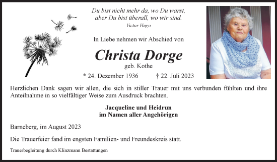Traueranzeige von Christa Dorge von Volksstimme Oschersleben/Wanzleben