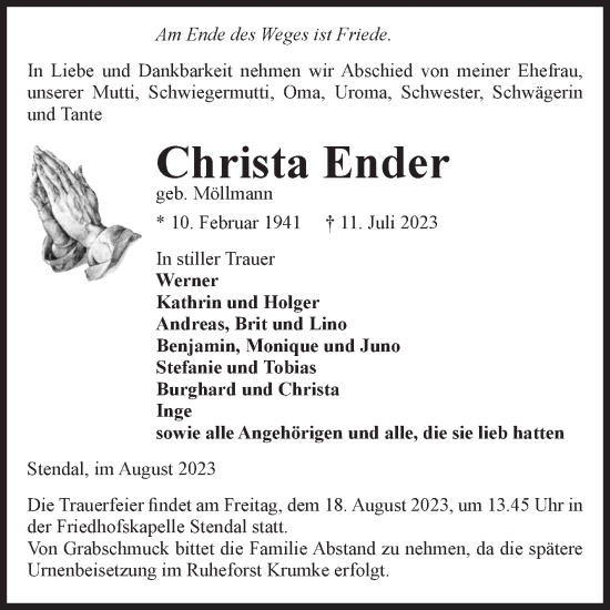 Traueranzeige von Christa Ender von Volksstimme Altmark Ost