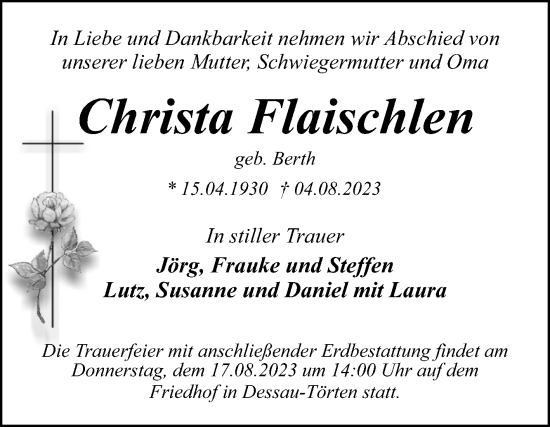 Traueranzeige von Christa Flaischlen von Trauerkombi Dessau