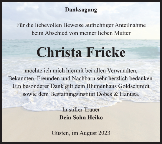 Traueranzeige von Christa Fricke von Volksstimme Staßfurt