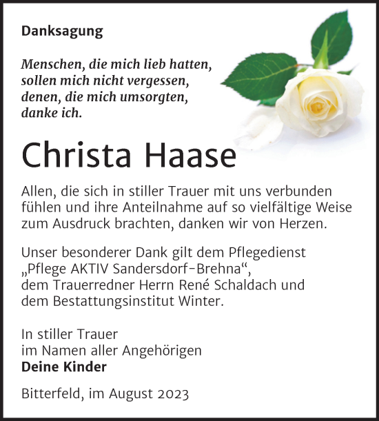 Traueranzeige von Christa Haase von Trauerkombi Bitterfeld