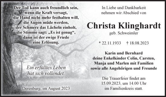Traueranzeige von Christa Klinghardt von Volksstimme Wernigerode