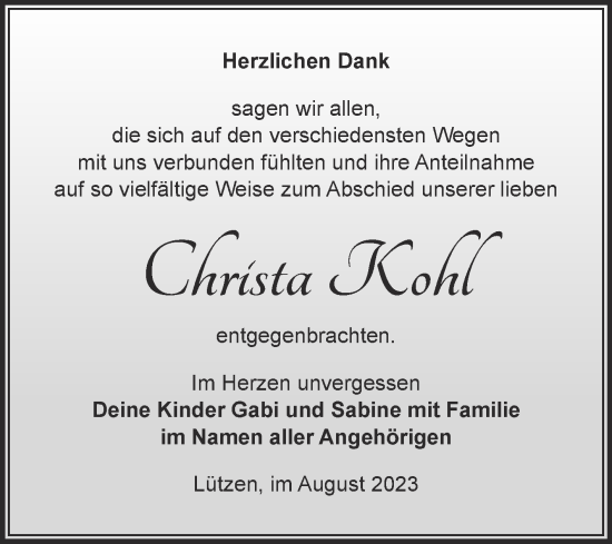 Traueranzeige von Christa Kohl von Trauerkombi Weißenfels