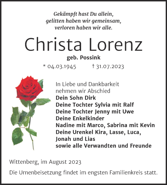 Traueranzeige von Christa Lorenz von Trauerkombi Wittenberg