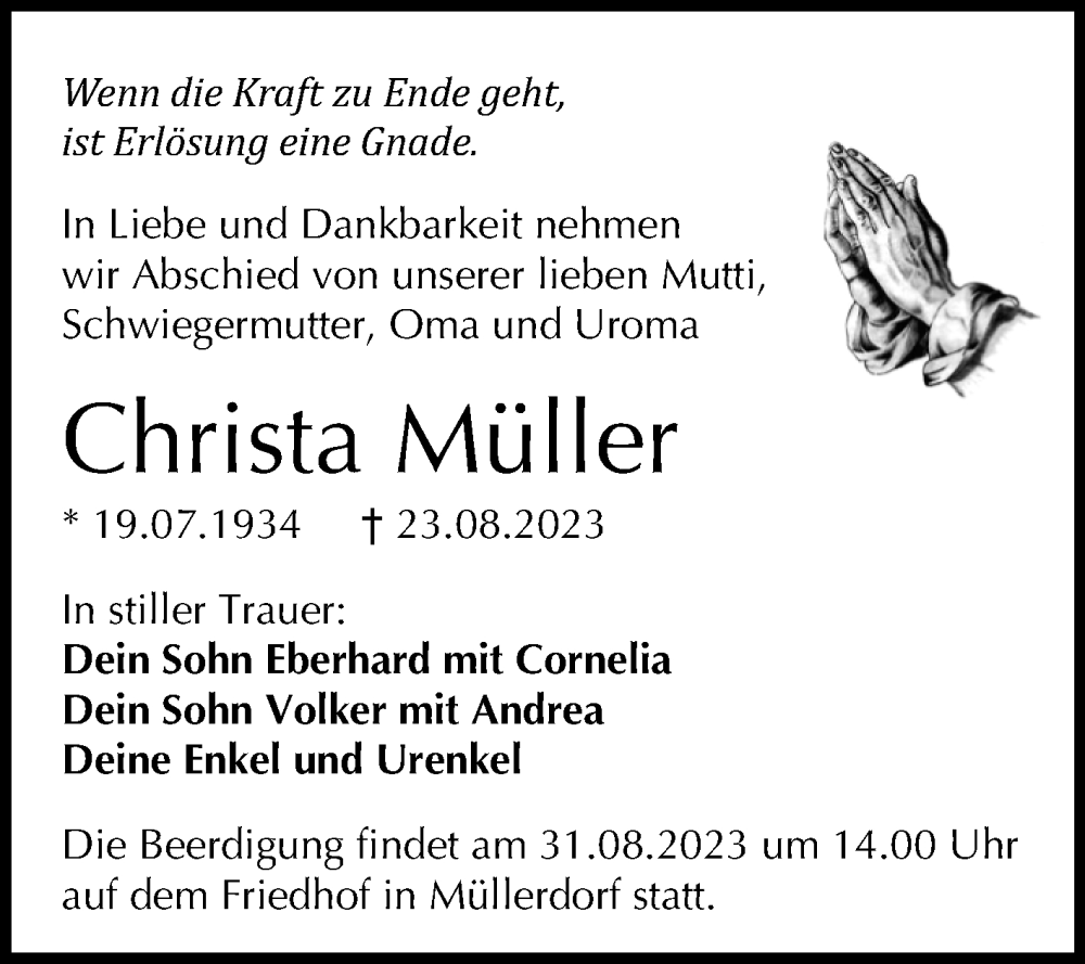  Traueranzeige für Christa Müller vom 26.08.2023 aus Mitteldeutsche Zeitung Halle/Saalkreis