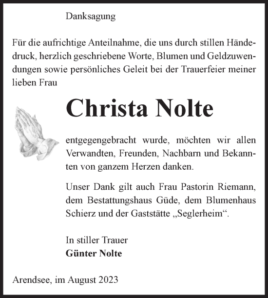 Traueranzeige von Christa Nolte von Volksstimme Altmark West