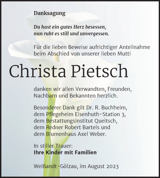 Traueranzeige von Christa Pietsch von Trauerkombi Köthen
