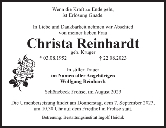 Traueranzeige von Christa Reinhardt von Volksstimme Schönebeck
