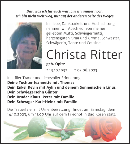 Traueranzeige von Christa Ritter von Wochenspiegel Naumburg/Nebra
