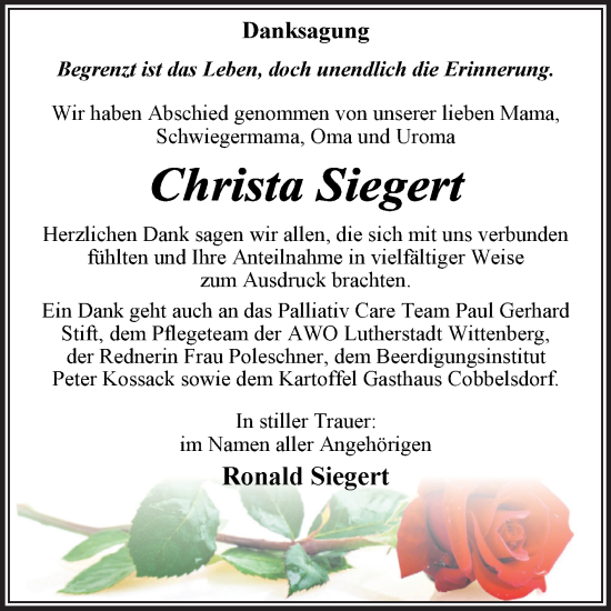 Traueranzeige von Christa Siegert von Trauerkombi Wittenberg