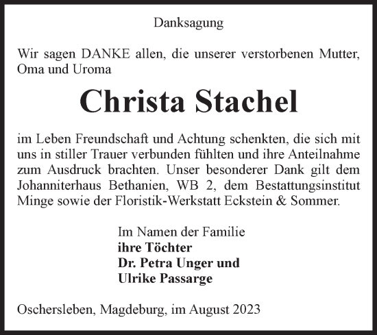 Traueranzeige von Christa Stachel von Volksstimme Oschersleben/Wanzleben