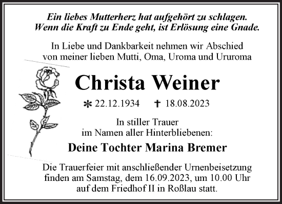 Traueranzeige von Christa Weiner von Trauerkombi Dessau