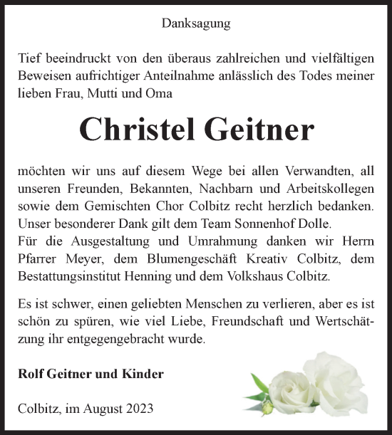 Traueranzeige von Christel Geitner von Volksstimme Haldensleben/Wolmirstedt