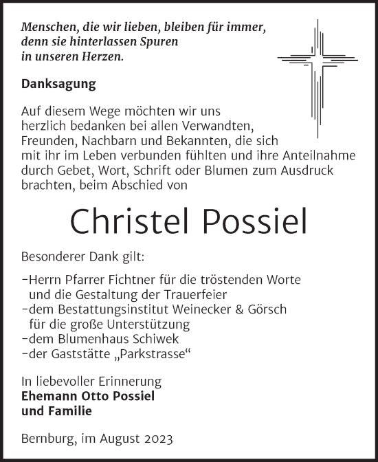 Traueranzeige von Christel Possiel von Trauerkombi Bernburg