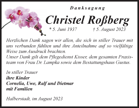 Traueranzeige von Christel Roßberg von Volksstimme Halberstadt