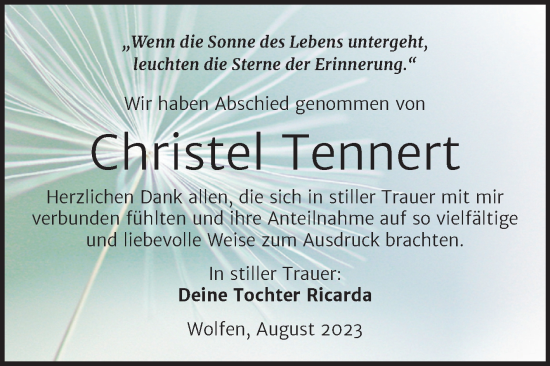 Traueranzeige von Christel Tennert von Trauerkombi Bitterfeld