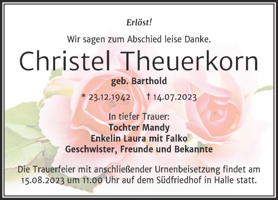 Traueranzeige von Christel Theuerkorn von Mitteldeutsche Zeitung Halle/Saalkreis