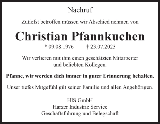 Traueranzeige von Christian Pfannkuchen von Volksstimme Wernigerode